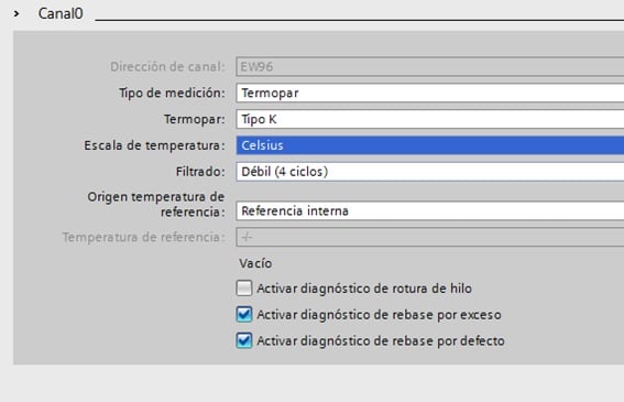 configuración termopar tipo K Tia Portal